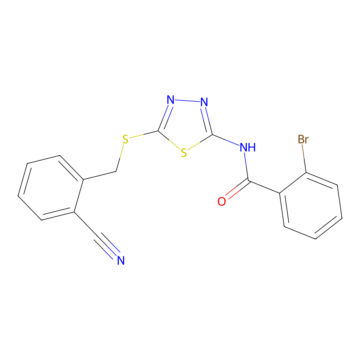 2-bromo-N-[5-[(2-cyanophenyl)methylsulfanyl]-1,3,4-thiadiazol-2-yl]benzamide molecular structure, CAS 693230-24-9