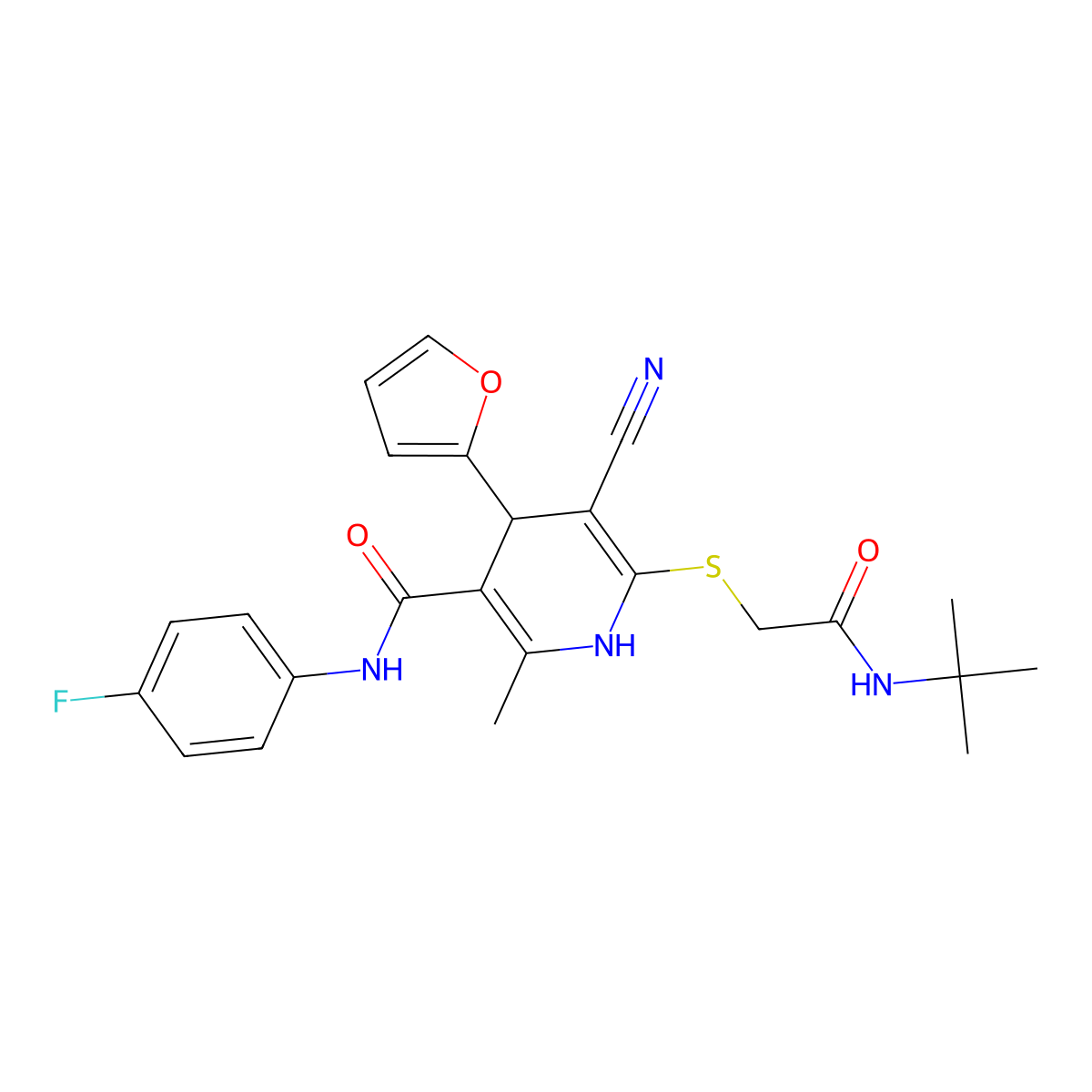 6-((2-(tert-butylamino)-2-oxoethyl)thio)-5-cyano-N-(4-fluorophenyl)-4-(furan-2-yl)-2-methyl-1,4-dihydropyridine-3-carboxamide molecular structure, CAS 693230-27-2