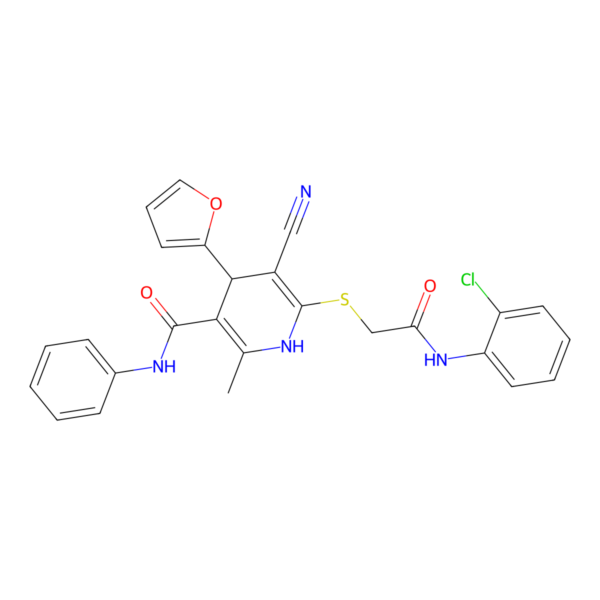 6-({2-[(2-chlorophenyl)amino]-2-oxoethyl}sulfanyl)-5-cyano-4-(furan-2-yl)-2-methyl-N-phenyl-1,4-dihydropyridine-3-carboxamide molecular structure, CAS 693230-31-8