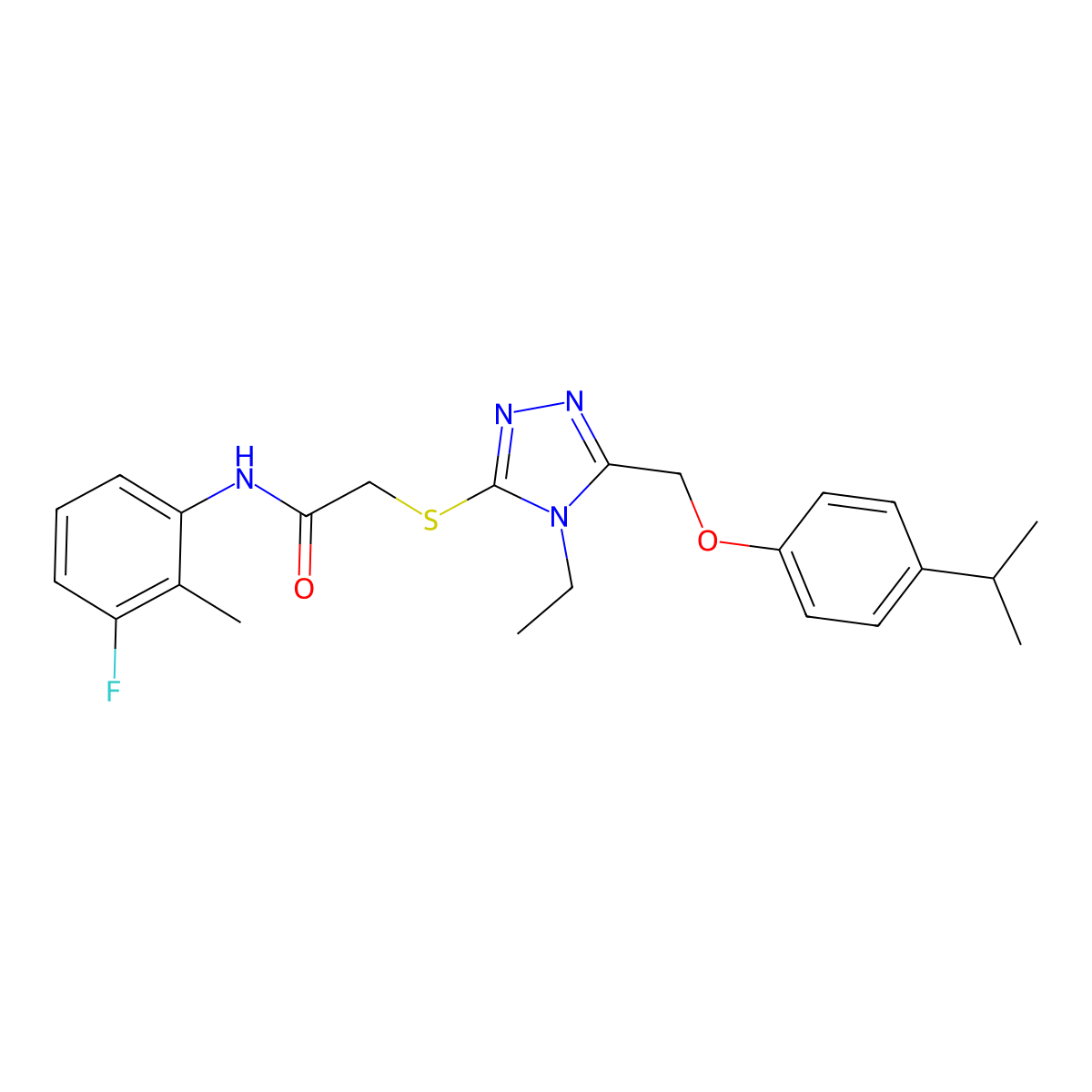 2-[[4-ethyl-5-[(4-propan-2-ylphenoxy)methyl]-1,2,4-triazol-3-yl]sulfanyl]-N-(3-fluoro-2-methylphenyl)acetamide molecular structure, CAS 693230-40-9
