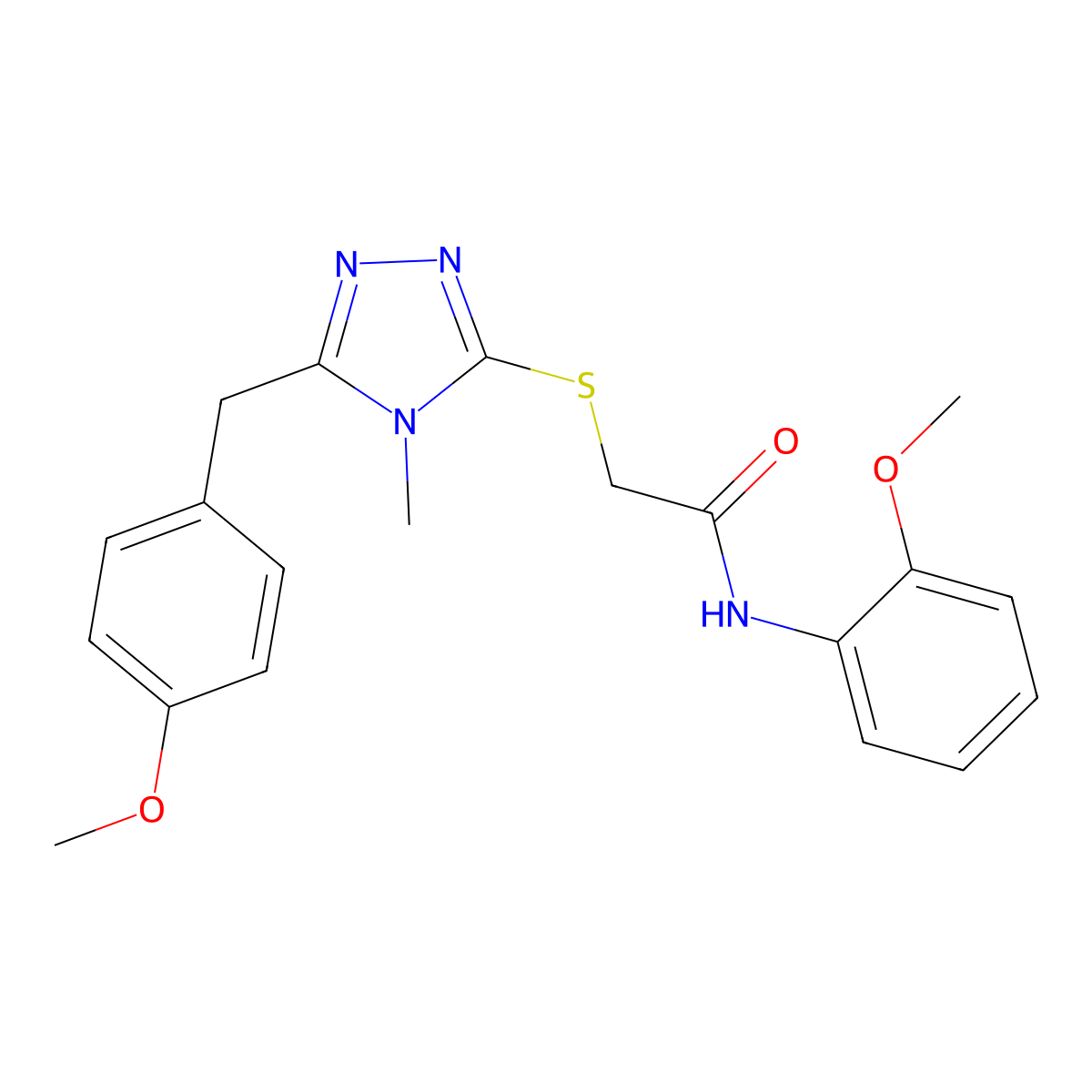 N-(2-methoxyphenyl)-2-[[5-[(4-methoxyphenyl)methyl]-4-methyl-1,2,4-triazol-3-yl]sulfanyl]acetamide molecular structure, CAS 693230-58-9