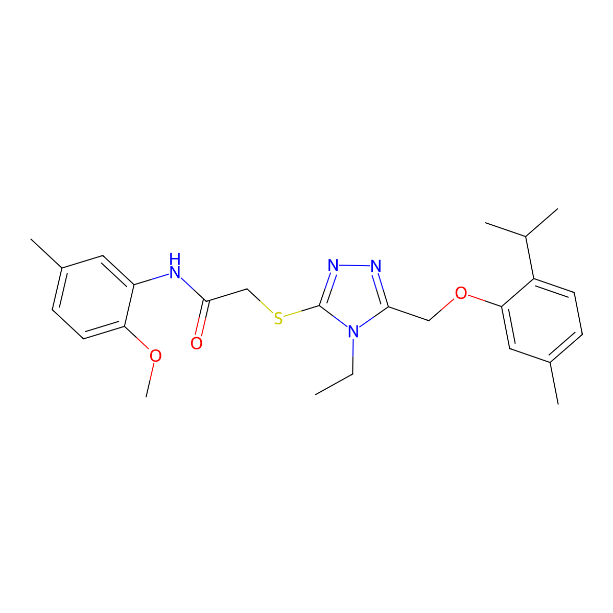 2-[[4-ethyl-5-[(5-methyl-2-propan-2-ylphenoxy)methyl]-1,2,4-triazol-3-yl]sulfanyl]-N-(2-methoxy-5-methylphenyl)acetamide molecular structure, CAS 693230-67-0