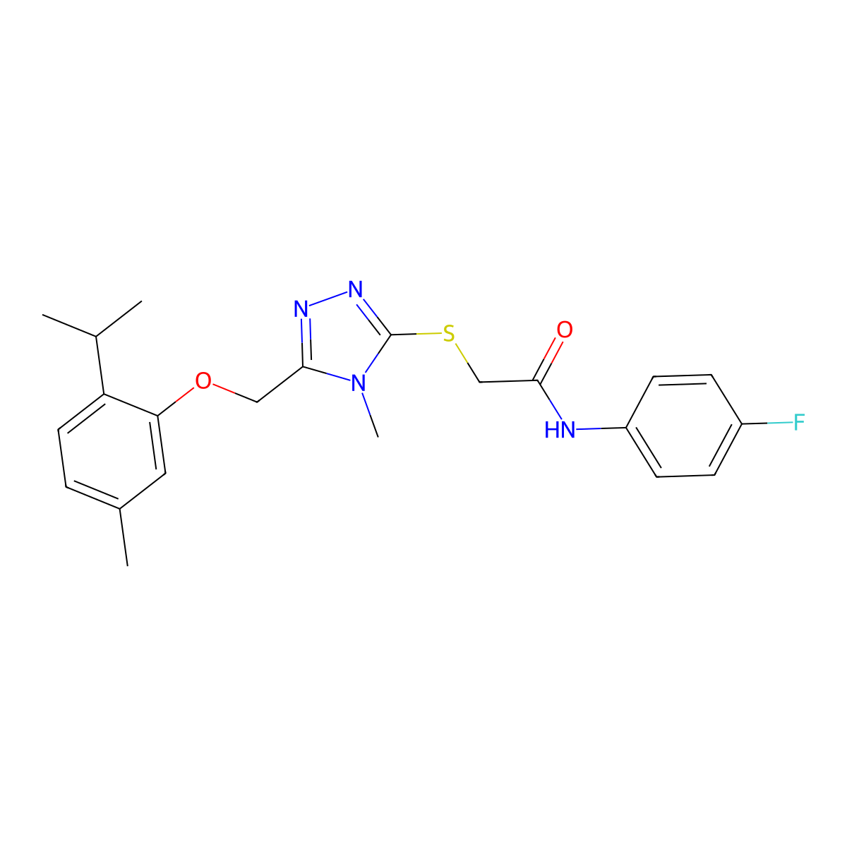 N-(4-fluorophenyl)-2-[[4-methyl-5-[(5-methyl-2-propan-2-ylphenoxy)methyl]-1,2,4-triazol-3-yl]sulfanyl]acetamide molecular structure, CAS 693230-90-9
