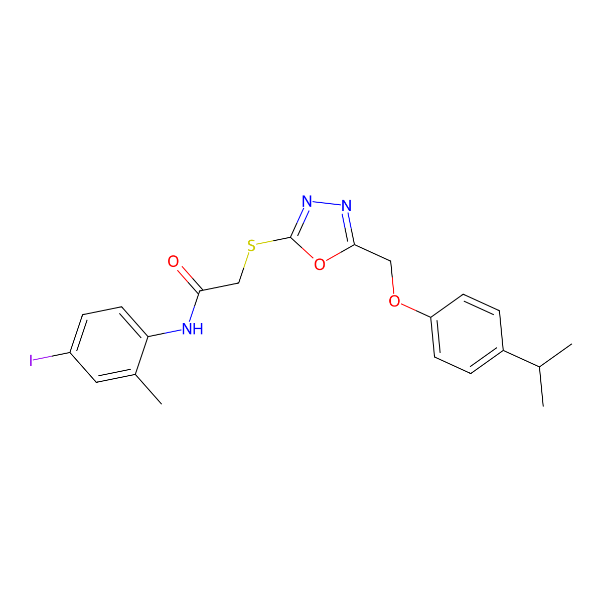 N-(4-iodo-2-methylphenyl)-2-[[5-[(4-propan-2-ylphenoxy)methyl]-1,3,4-oxadiazol-2-yl]sulfanyl]acetamide molecular structure, CAS 693230-98-7