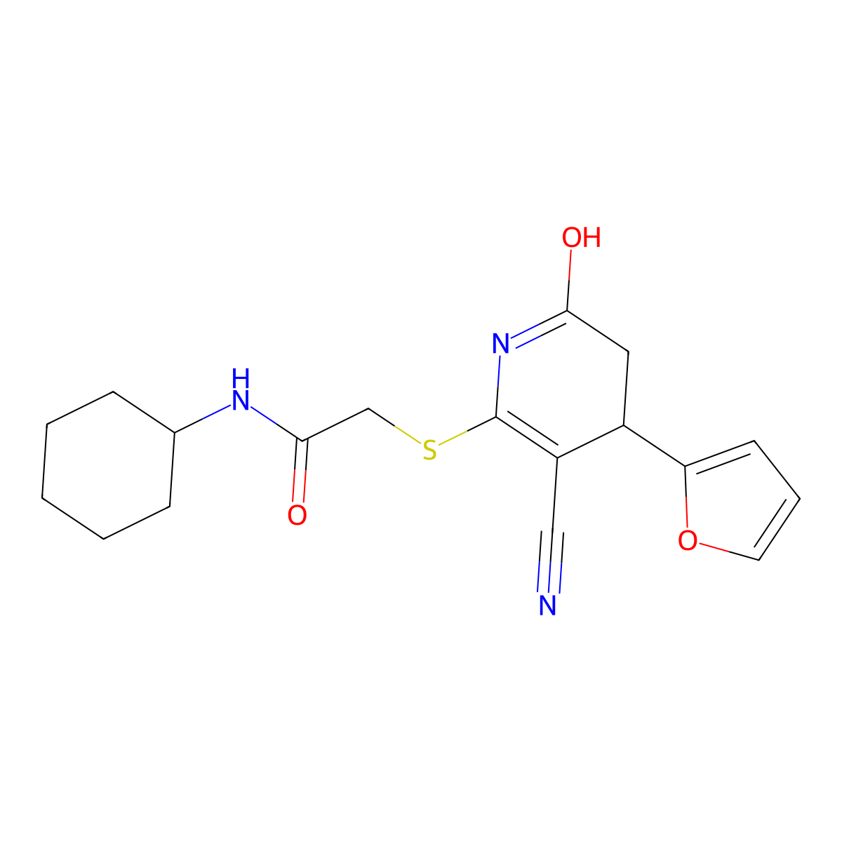 2-((3-cyano-4-(furan-2-yl)-6-oxo-1,4,5,6-tetrahydropyridin-2-yl)thio)-N-cyclohexylacetamide molecular structure, CAS 693231-08-2