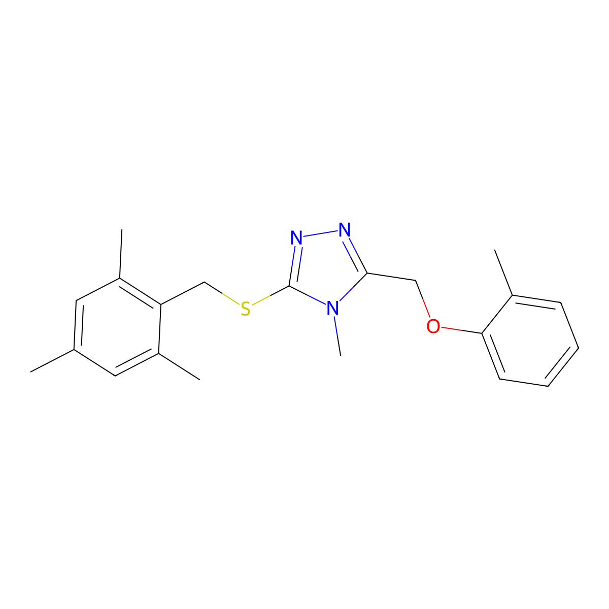 4-Methyl-3-[(2-methylphenoxy)methyl]-5-[(2,4,6-trimethylphenyl)methylsulfanyl]-1,2,4-triazole molecular structure, CAS 693231-13-9
