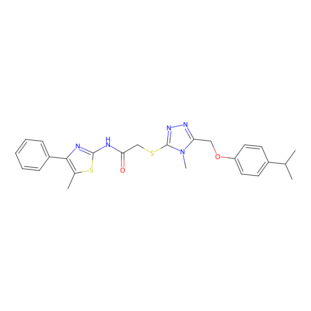 N-(5-methyl-4-phenyl-1,3-thiazol-2-yl)-2-[[4-methyl-5-[(4-propan-2-ylphenoxy)methyl]-1,2,4-triazol-3-yl]sulfanyl]acetamide molecular structure, CAS 693231-47-9