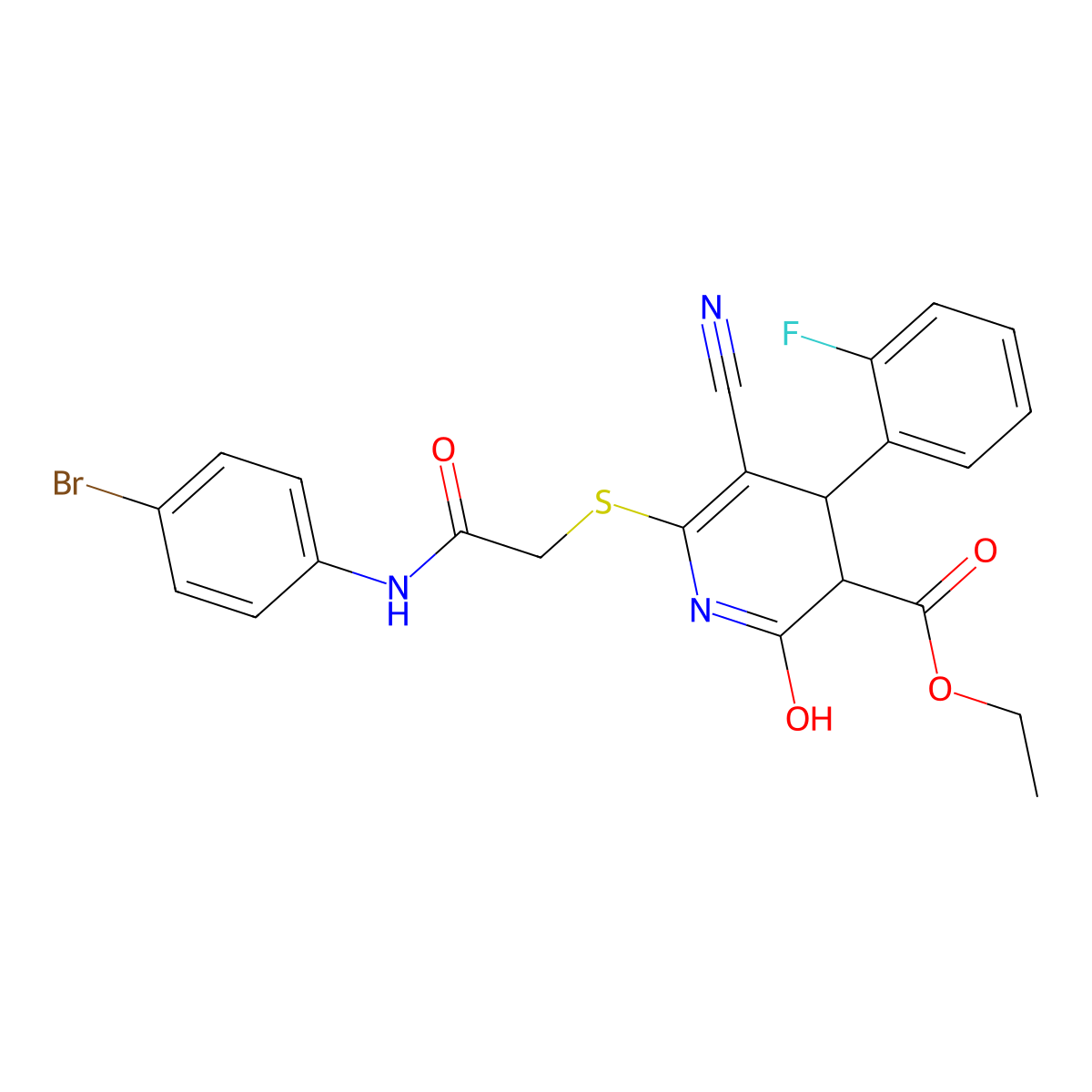 ethyl 6-[2-(4-bromoanilino)-2-oxoethyl]sulfanyl-5-cyano-4-(2-fluorophenyl)-2-oxo-3,4-dihydro-1H-pyridine-3-carboxylate molecular structure, CAS 693231-60-6