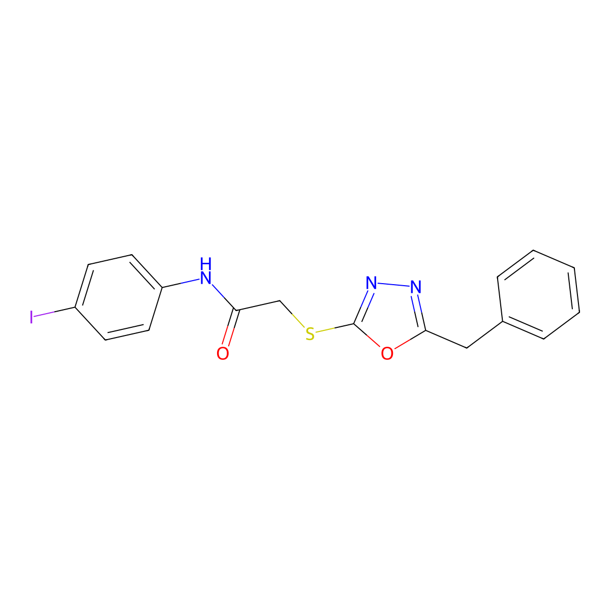 2-[(5-benzyl-1,3,4-oxadiazol-2-yl)sulfanyl]-N-(4-iodophenyl)acetamide molecular structure, CAS 693231-67-3