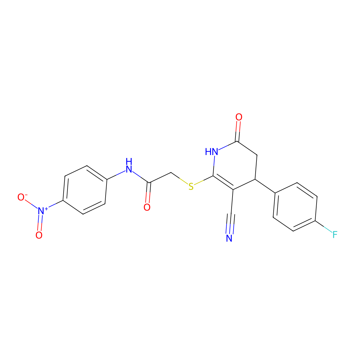 2-[[5-cyano-4-(4-fluorophenyl)-2-oxo-3,4-dihydro-1H-pyridin-6-yl]sulfanyl]-N-(4-nitrophenyl)acetamide molecular structure, CAS 693231-76-4