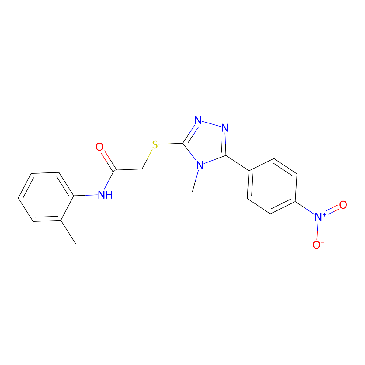 2-[[4-methyl-5-(4-nitrophenyl)-1,2,4-triazol-3-yl]sulfanyl]-N-(2-methylphenyl)acetamide molecular structure, CAS 693232-25-6