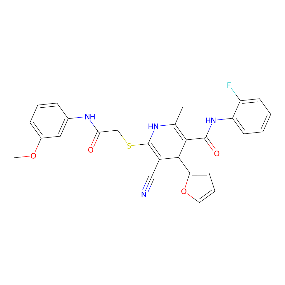 5-cyano-N-(2-fluorophenyl)-4-(furan-2-yl)-6-[2-(3-methoxyanilino)-2-oxoethyl]sulfanyl-2-methyl-1,4-dihydropyridine-3-carboxamide molecular structure, CAS 693232-37-0