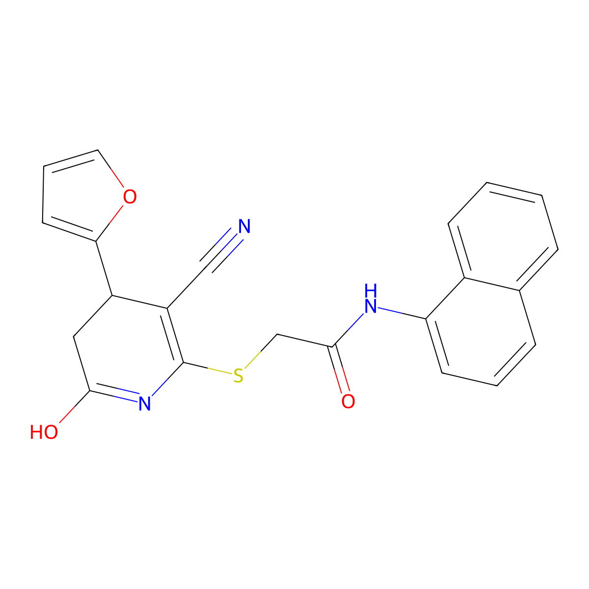 2-[[5-cyano-4-(furan-2-yl)-2-oxo-3,4-dihydro-1H-pyridin-6-yl]sulfanyl]-N-naphthalen-1-ylacetamide molecular structure, CAS 693232-50-7