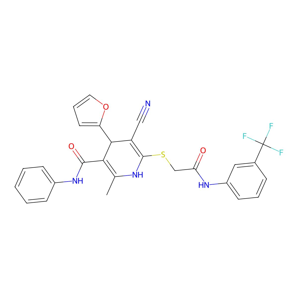 5-cyano-4-(furan-2-yl)-2-methyl-6-[2-oxo-2-[3-(trifluoromethyl)anilino]ethyl]sulfanyl-N-phenyl-1,4-dihydropyridine-3-carboxamide molecular structure, CAS 693232-69-8
