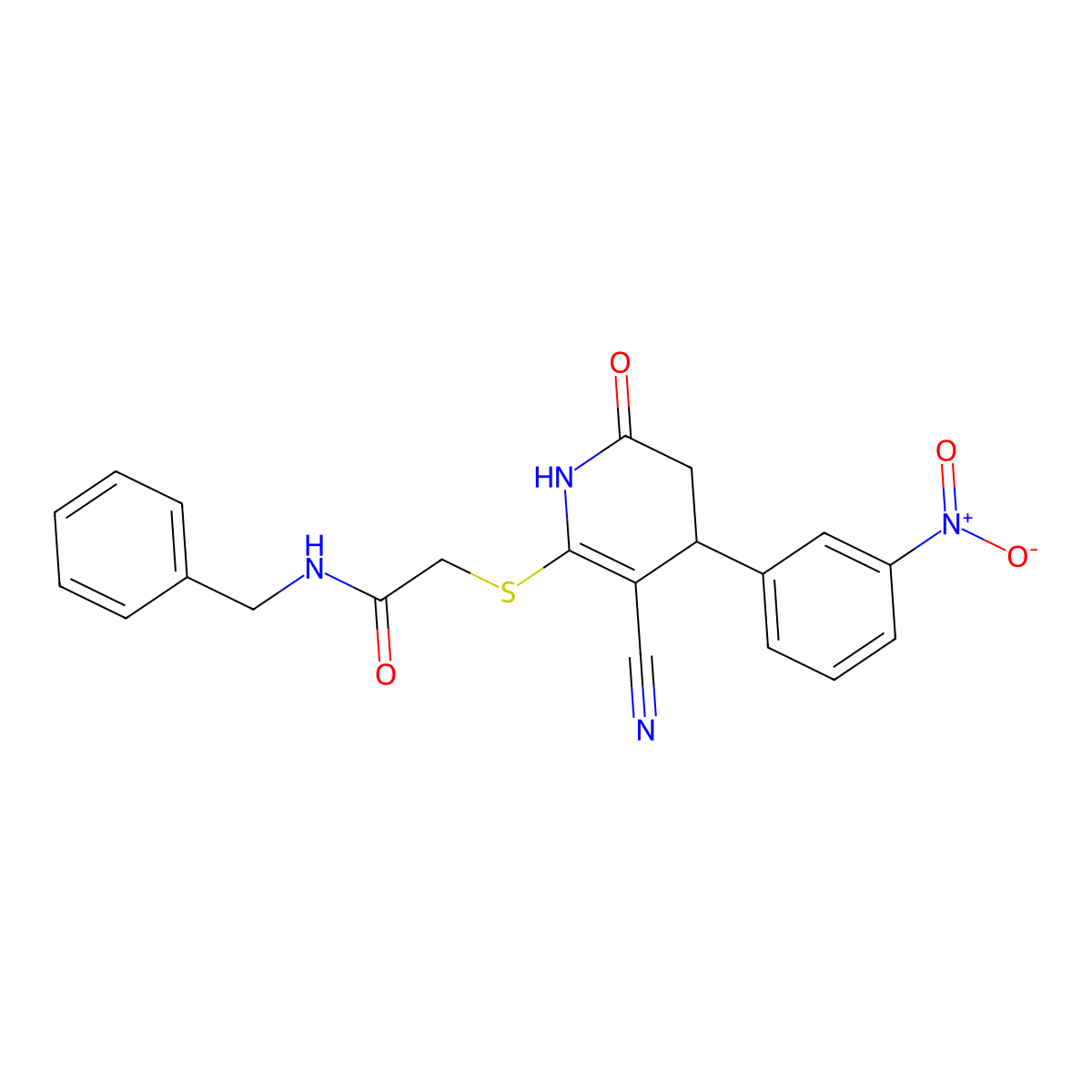 N-benzyl-2-{[3-cyano-4-(3-nitrophenyl)-6-oxo-1,4,5,6-tetrahydropyridin-2-yl]sulfanyl}acetamide molecular structure, CAS 693232-72-3