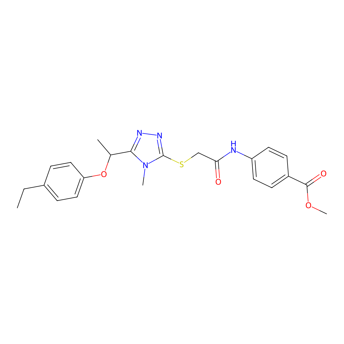 methyl 4-{[({5-[1-(4-ethylphenoxy)ethyl]-4-methyl-4H-1,2,4-triazol-3-yl}sulfanyl)acetyl]amino}benzoate molecular structure, CAS 693232-77-8