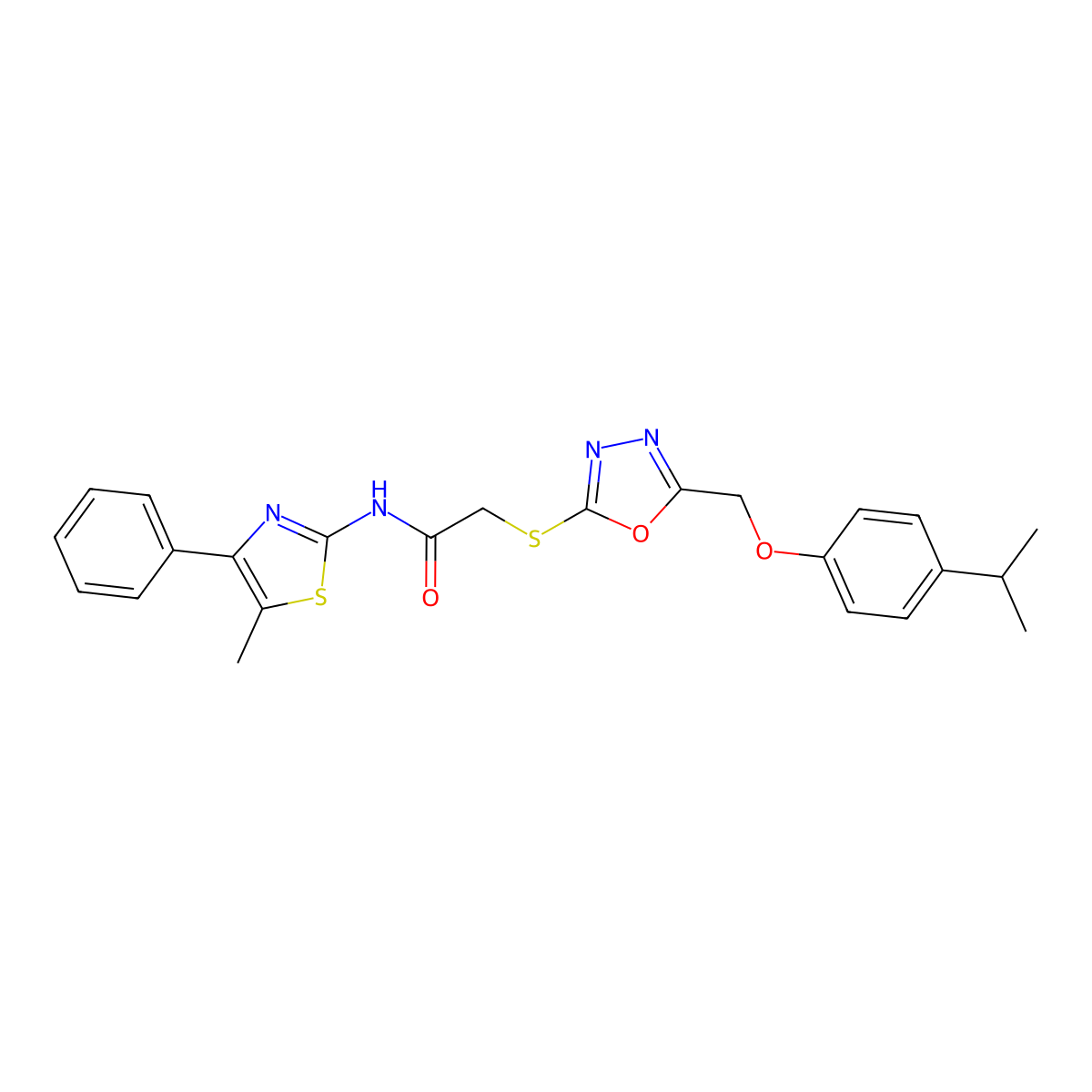 N-(5-methyl-4-phenyl-1,3-thiazol-2-yl)-2-[[5-[(4-propan-2-ylphenoxy)methyl]-1,3,4-oxadiazol-2-yl]sulfanyl]acetamide molecular structure, CAS 693232-95-0