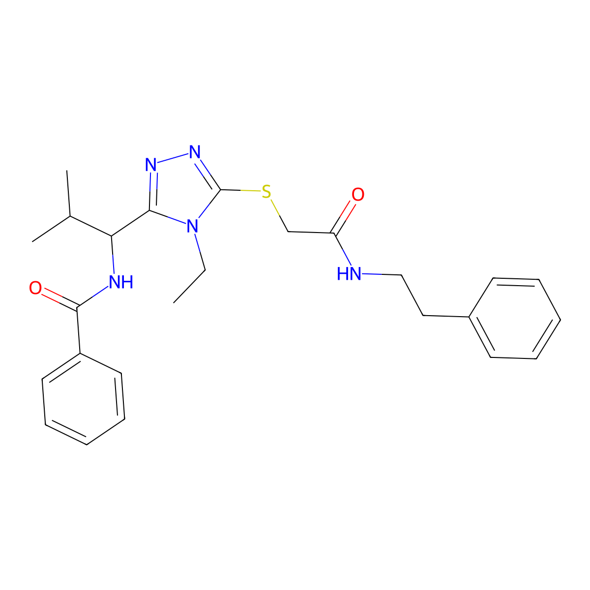 N-{1-[4-ethyl-5-({2-oxo-2-[(2-phenylethyl)amino]ethyl}sulfanyl)-4H-1,2,4-triazol-3-yl]-2-methylpropyl}benzamide molecular structure, CAS 693233-03-3