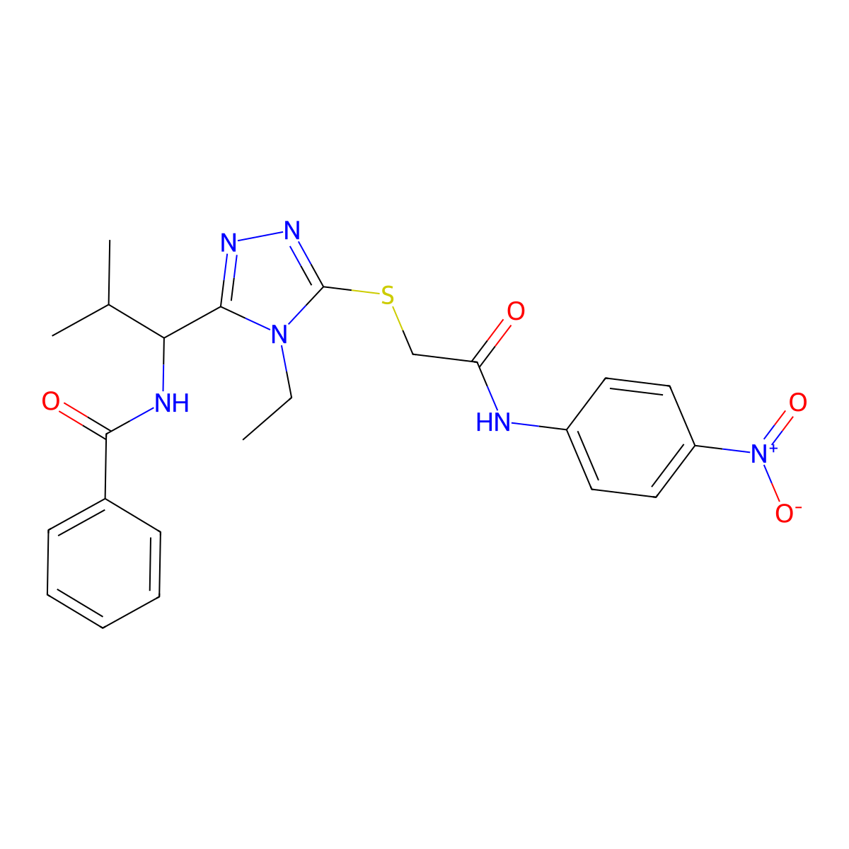 N-[1-[4-ethyl-5-[2-(4-nitroanilino)-2-oxoethyl]sulfanyl-1,2,4-triazol-3-yl]-2-methylpropyl]benzamide molecular structure, CAS 693233-17-9