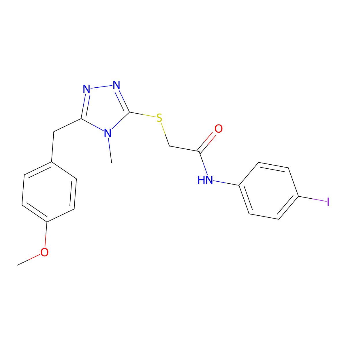 N-(4-iodophenyl)-2-[[5-[(4-methoxyphenyl)methyl]-4-methyl-1,2,4-triazol-3-yl]sulfanyl]acetamide molecular structure, CAS 693233-20-4