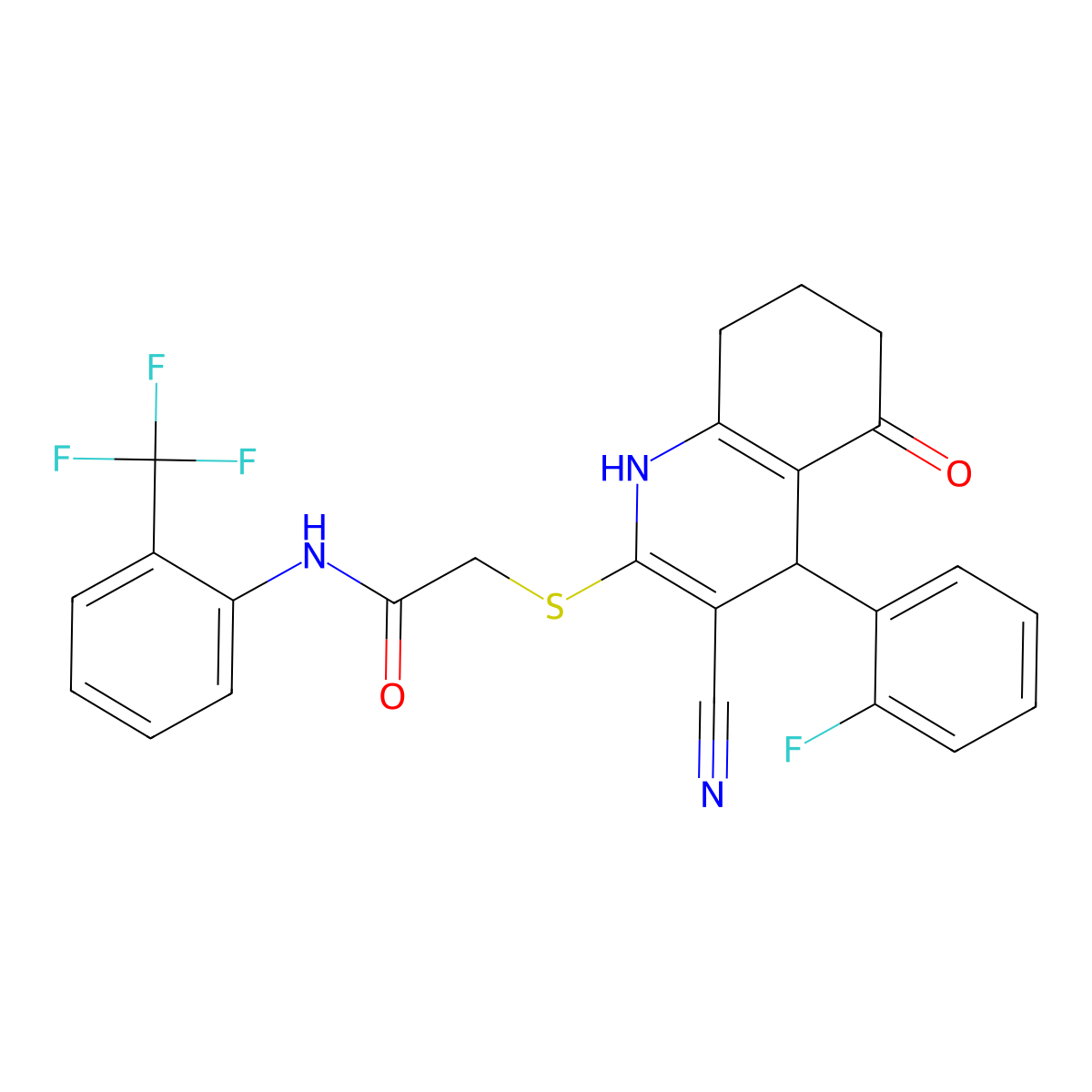 2-[[3-cyano-4-(2-fluorophenyl)-5-oxo-4,6,7,8-tetrahydro-1H-quinolin-2-yl]sulfanyl]-N-[2-(trifluoromethyl)phenyl]acetamide molecular structure, CAS 693233-35-1