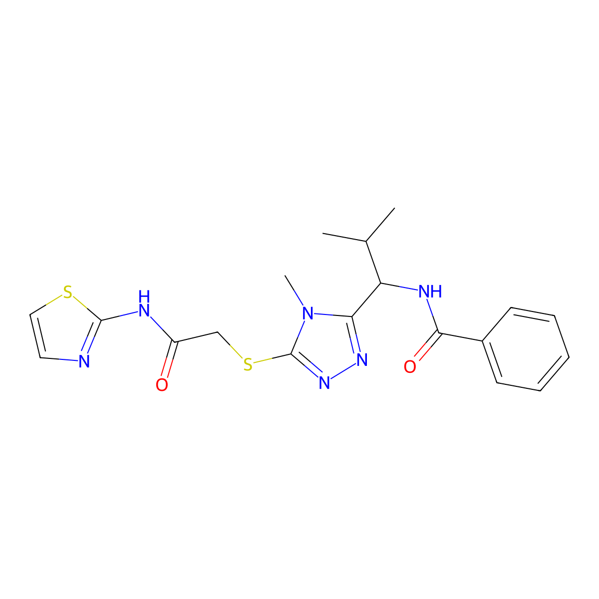 N-[2-methyl-1-[4-methyl-5-[2-oxo-2-(1,3-thiazol-2-ylamino)ethyl]sulfanyl-1,2,4-triazol-3-yl]propyl]benzamide molecular structure, CAS 693233-41-9