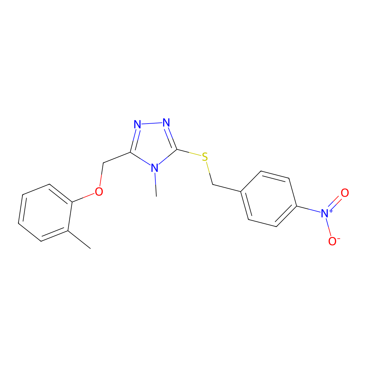 4-Methyl-3-[(2-methylphenoxy)methyl]-5-[(4-nitrophenyl)methylsulfanyl]-1,2,4-triazole molecular structure, CAS 693233-42-0