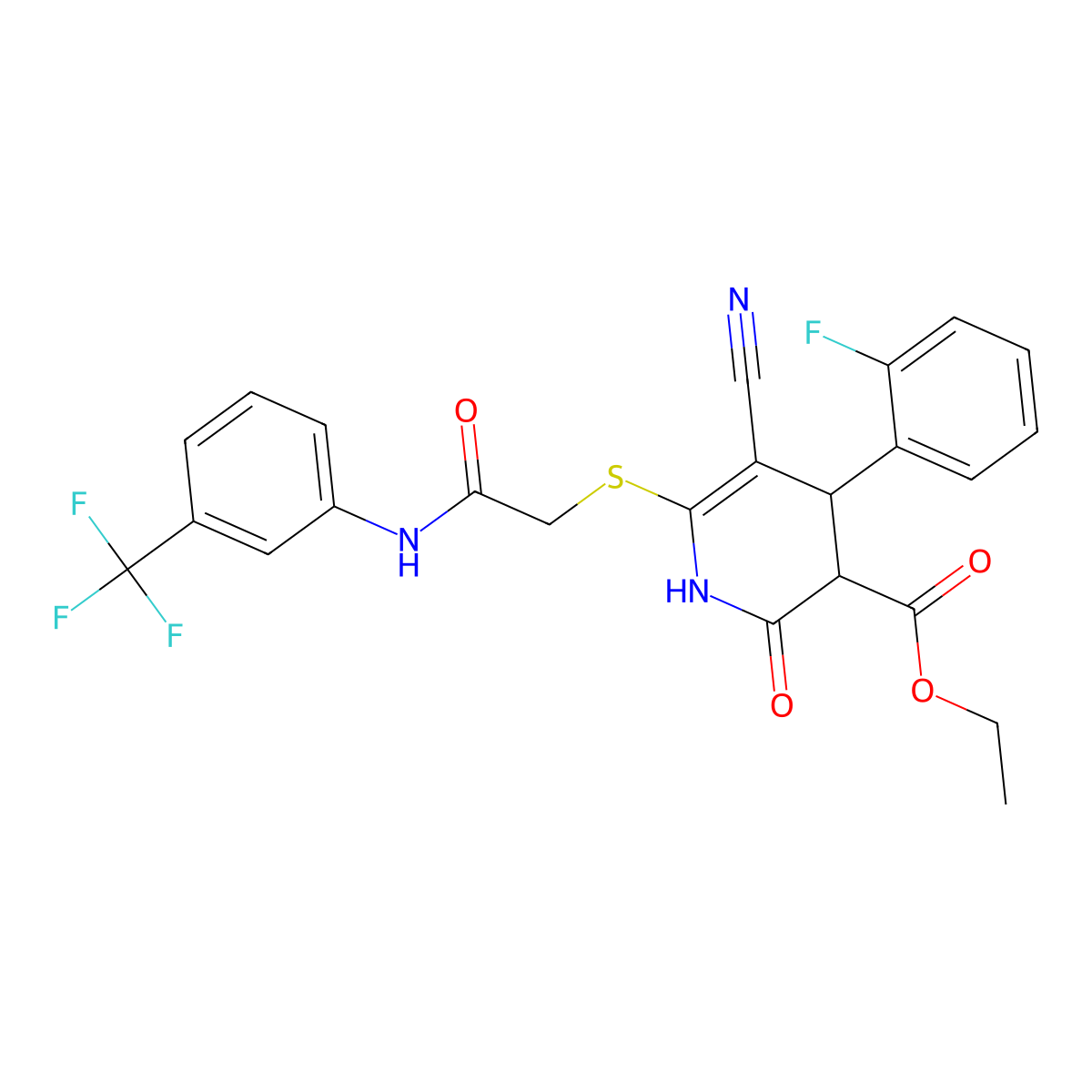 ethyl 5-cyano-4-(2-fluorophenyl)-2-oxo-6-[2-oxo-2-[3-(trifluoromethyl)anilino]ethyl]sulfanyl-3,4-dihydro-1H-pyridine-3-carboxylate molecular structure, CAS 693233-59-9
