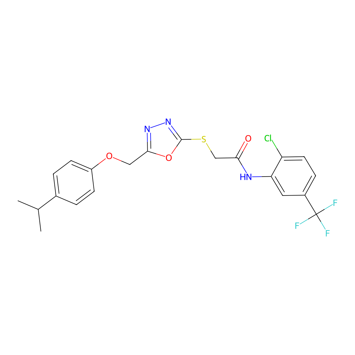 N-[2-chloro-5-(trifluoromethyl)phenyl]-2-[[5-[(4-propan-2-ylphenoxy)methyl]-1,3,4-oxadiazol-2-yl]sulfanyl]acetamide molecular structure, CAS 693233-61-3