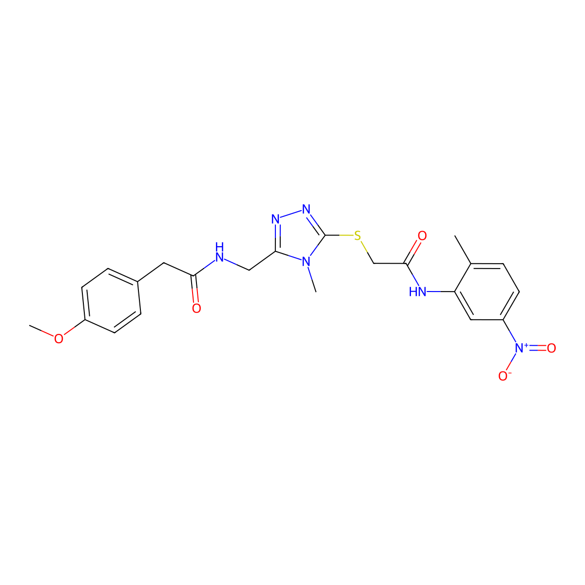 2-(4-methoxyphenyl)-N-[[4-methyl-5-[2-(2-methyl-5-nitroanilino)-2-oxoethyl]sulfanyl-1,2,4-triazol-3-yl]methyl]acetamide molecular structure, CAS 693233-76-0