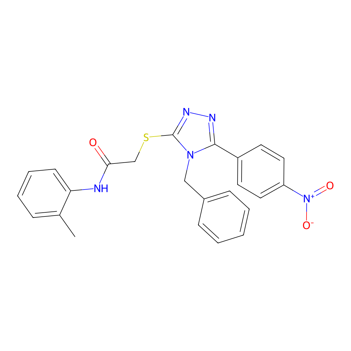 2-[[4-benzyl-5-(4-nitrophenyl)-1,2,4-triazol-3-yl]sulfanyl]-N-(2-methylphenyl)acetamide molecular structure, CAS 693233-78-2