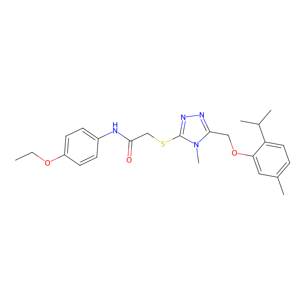 N-(4-ethoxyphenyl)-2-[[4-methyl-5-[(5-methyl-2-propan-2-ylphenoxy)methyl]-1,2,4-triazol-3-yl]sulfanyl]acetamide molecular structure, CAS 693233-79-3