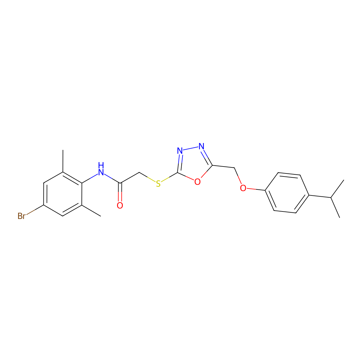 N-(4-bromo-2,6-dimethylphenyl)-2-[[5-[(4-propan-2-ylphenoxy)methyl]-1,3,4-oxadiazol-2-yl]sulfanyl]acetamide molecular structure, CAS 693233-85-1