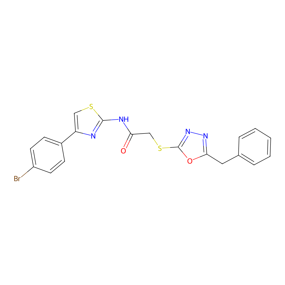 2-[(5-benzyl-1,3,4-oxadiazol-2-yl)sulfanyl]-N-[4-(4-bromophenyl)-1,3-thiazol-2-yl]acetamide molecular structure, CAS 693233-86-2