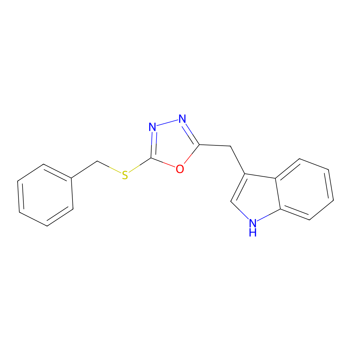 2-benzylsulfanyl-5-(1H-indol-3-ylmethyl)-1,3,4-oxadiazole molecular structure, CAS 693234-31-0