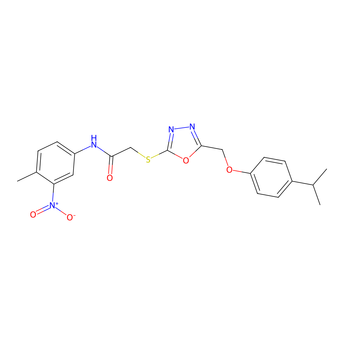 N-(4-methyl-3-nitrophenyl)-2-[[5-[(4-propan-2-ylphenoxy)methyl]-1,3,4-oxadiazol-2-yl]sulfanyl]acetamide molecular structure, CAS 693234-52-5