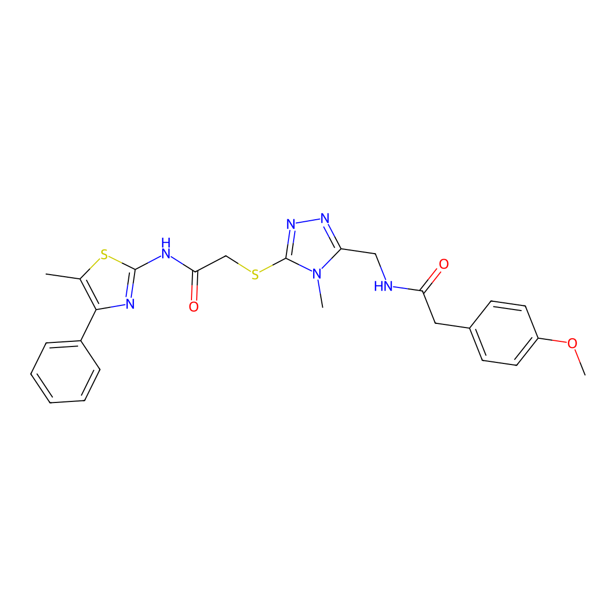 2-(4-methoxyphenyl)-N-[[4-methyl-5-[2-[(5-methyl-4-phenyl-1,3-thiazol-2-yl)amino]-2-oxoethyl]sulfanyl-1,2,4-triazol-3-yl]methyl]acetamide molecular structure, CAS 693234-53-6