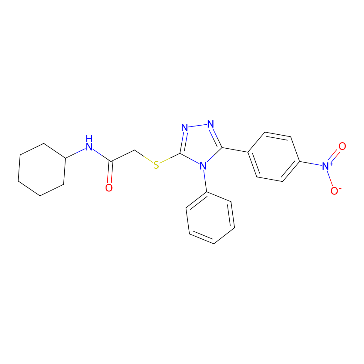 N-cyclohexyl-2-[[5-(4-nitrophenyl)-4-phenyl-1,2,4-triazol-3-yl]sulfanyl]acetamide molecular structure, CAS 693234-55-8