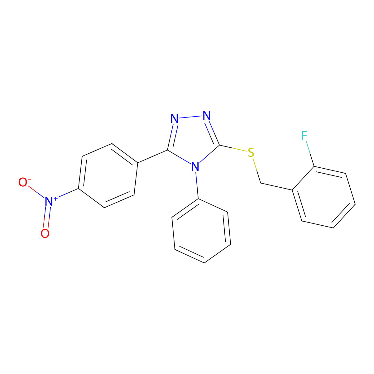 3-[(2-Fluorophenyl)methylsulfanyl]-5-(4-nitrophenyl)-4-phenyl-1,2,4-triazole molecular structure, CAS 693234-60-5