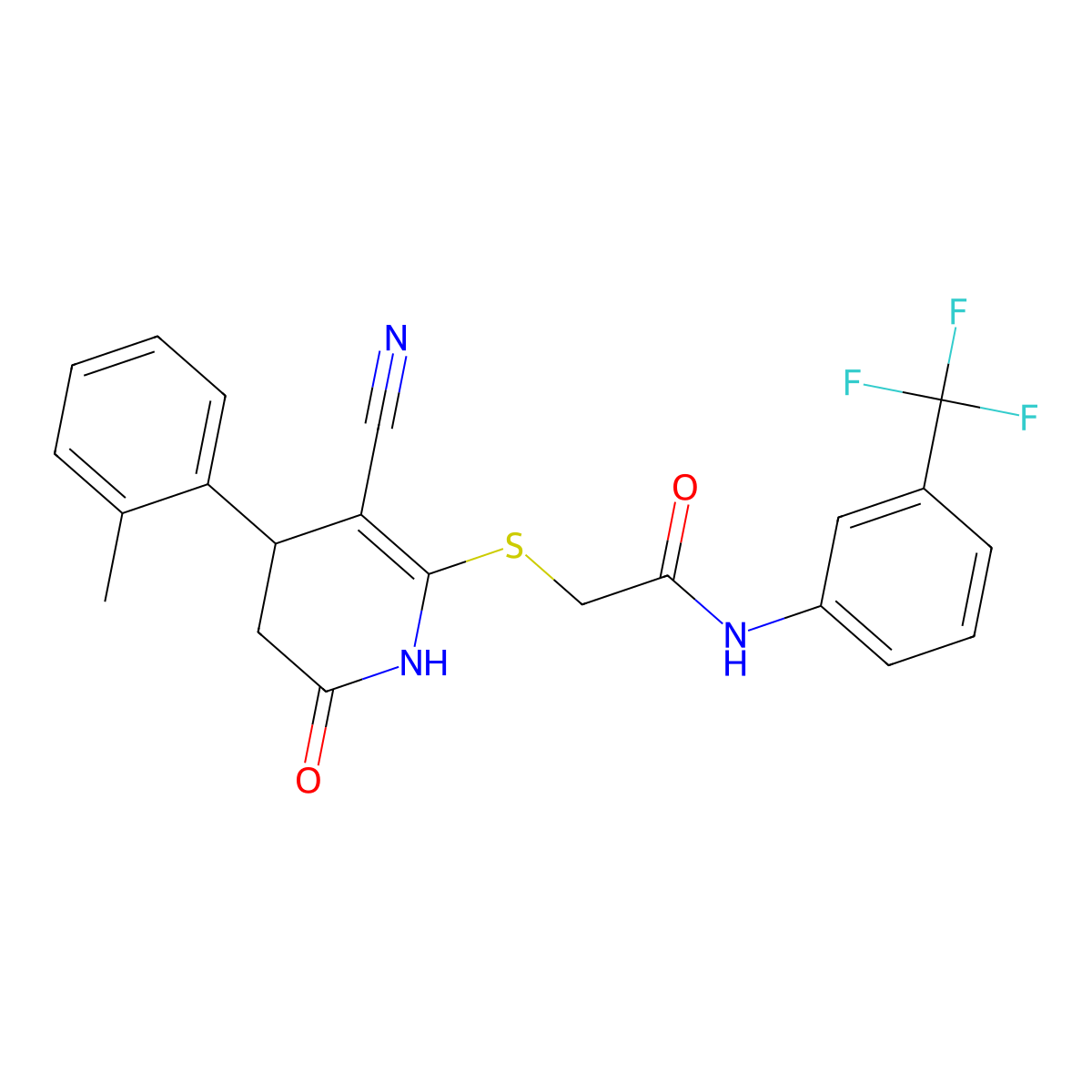 2-[[5-cyano-4-(2-methylphenyl)-2-oxo-3,4-dihydro-1H-pyridin-6-yl]sulfanyl]-N-[3-(trifluoromethyl)phenyl]acetamide molecular structure, CAS 693234-62-7