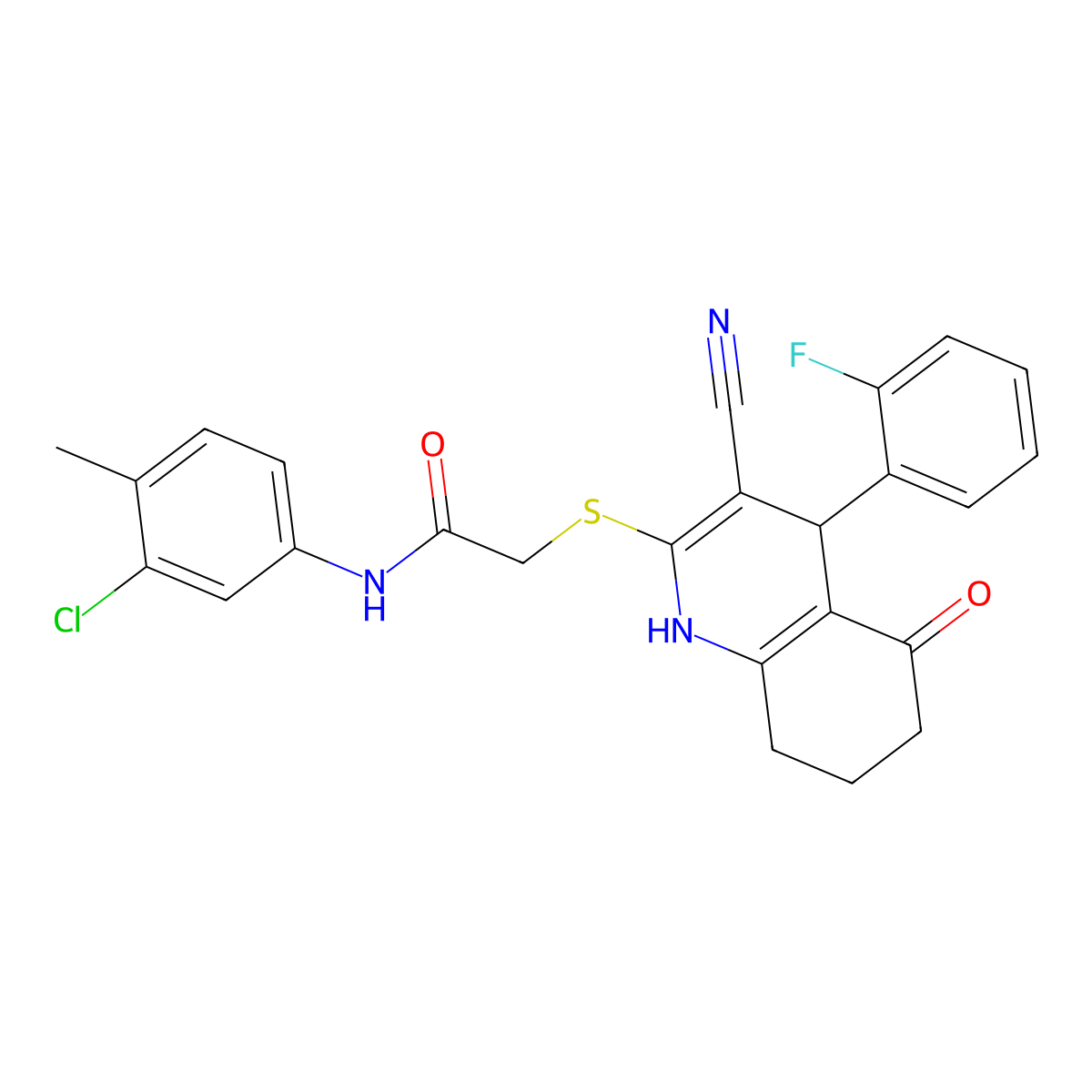 N-(3-chloro-4-methylphenyl)-2-[[3-cyano-4-(2-fluorophenyl)-5-oxo-4,6,7,8-tetrahydro-1H-quinolin-2-yl]sulfanyl]acetamide molecular structure, CAS 693234-98-9