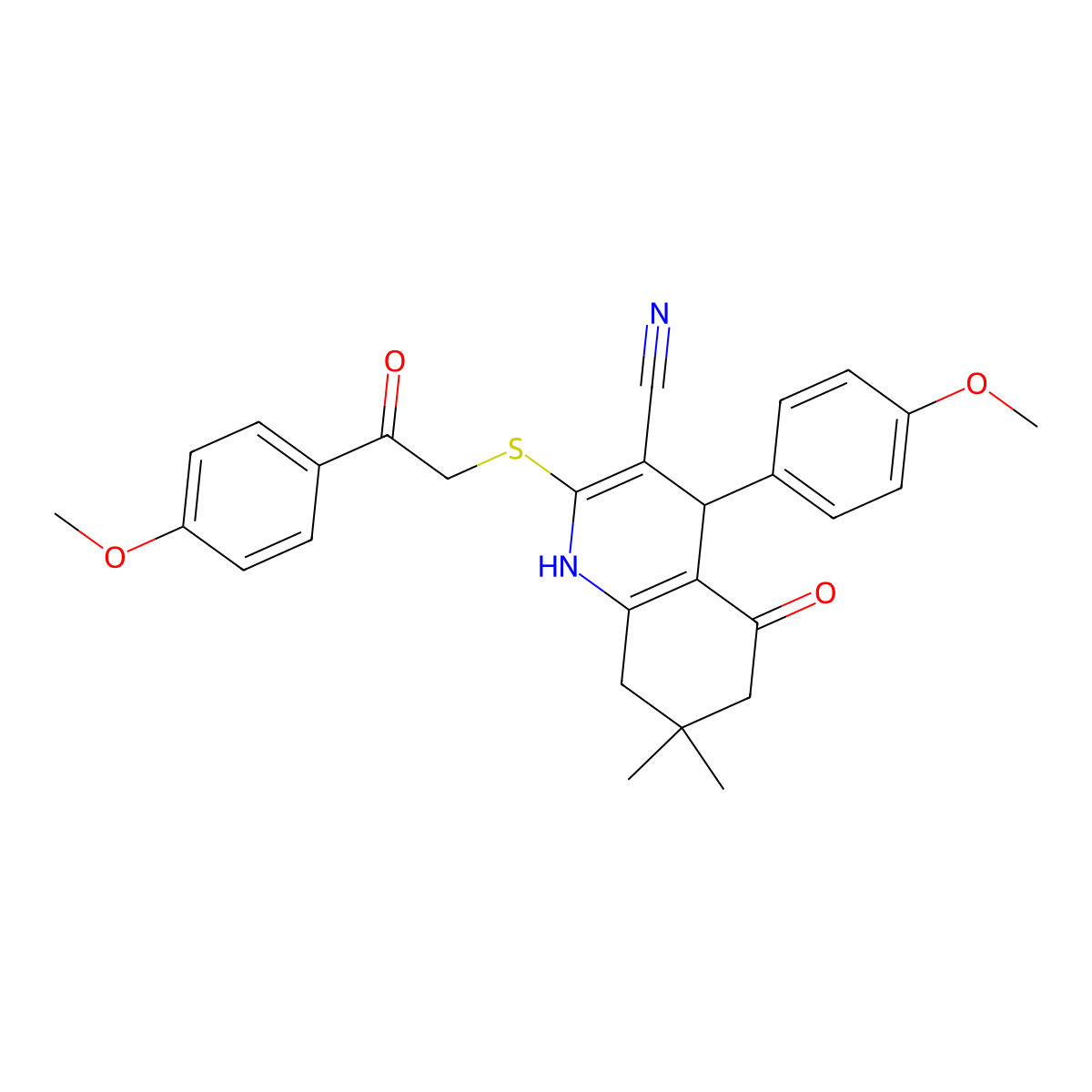 4-(4-Methoxyphenyl)-2-[2-(4-methoxyphenyl)-2-oxoethyl]sulfanyl-7,7-dimethyl-5-oxo-1,4,6,8-tetrahydroquinoline-3-carbonitrile molecular structure, CAS 693235-69-7