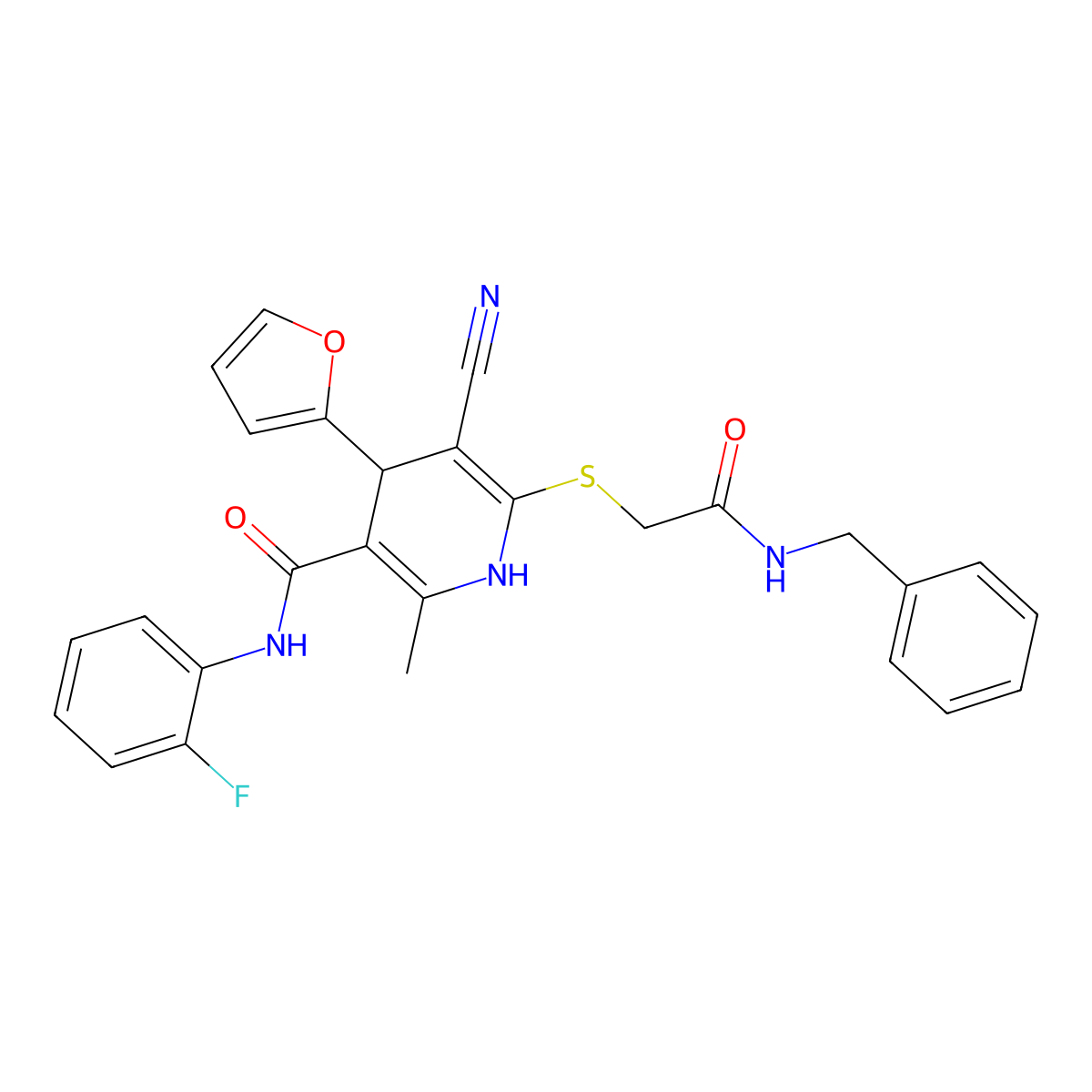 6-[2-(benzylamino)-2-oxoethyl]sulfanyl-5-cyano-N-(2-fluorophenyl)-4-(furan-2-yl)-2-methyl-1,4-dihydropyridine-3-carboxamide molecular structure, CAS 693235-71-1