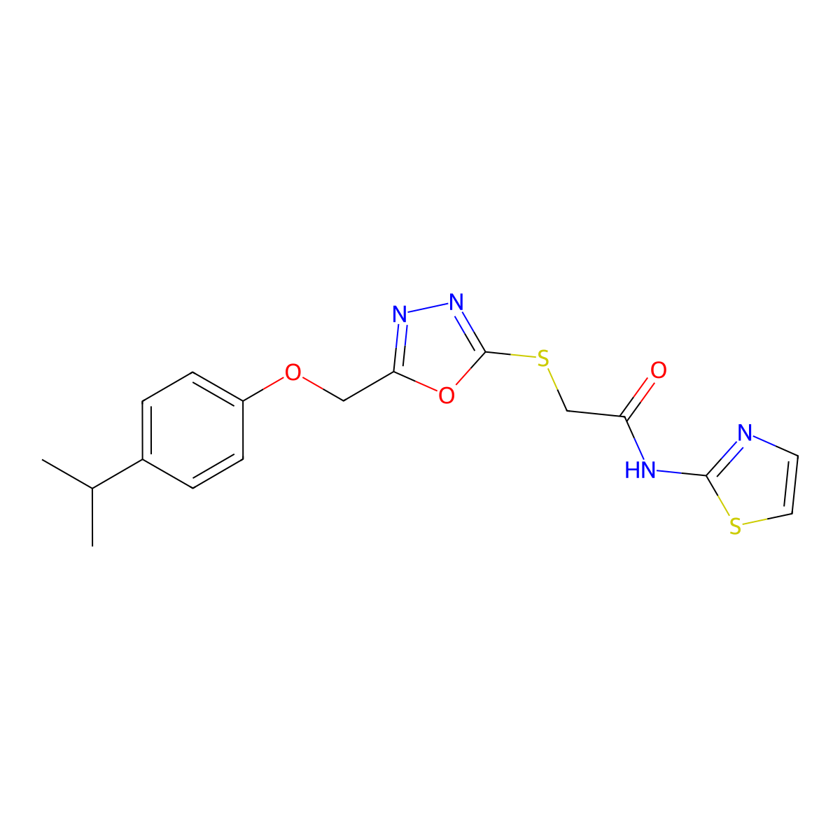 2-[[5-[(4-propan-2-ylphenoxy)methyl]-1,3,4-oxadiazol-2-yl]sulfanyl]-N-(1,3-thiazol-2-yl)acetamide molecular structure, CAS 693235-78-8