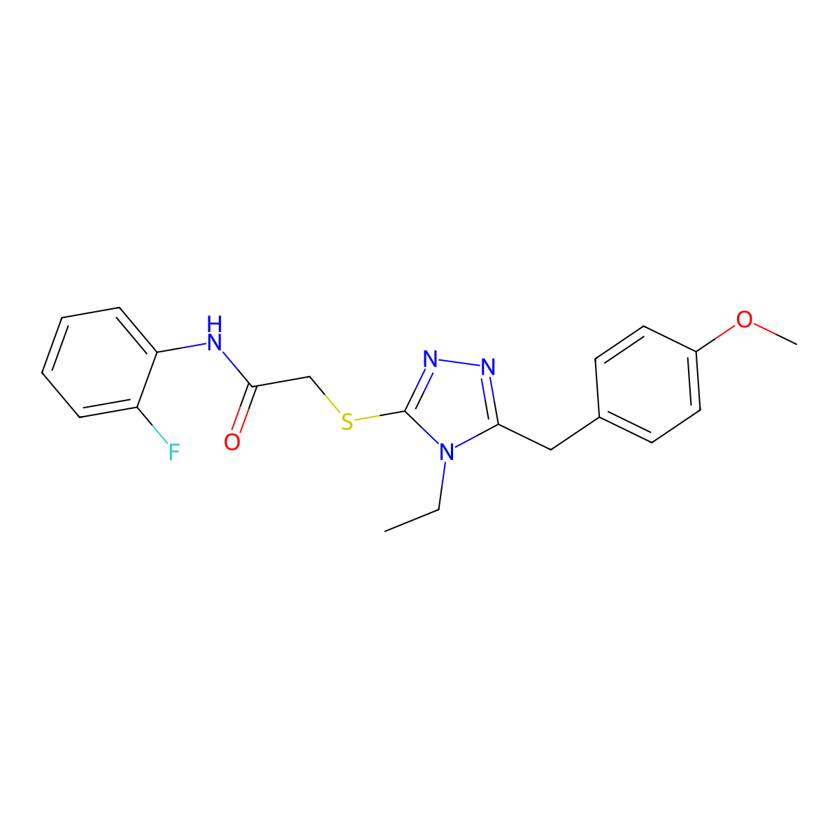 2-[[4-ethyl-5-[(4-methoxyphenyl)methyl]-1,2,4-triazol-3-yl]sulfanyl]-N-(2-fluorophenyl)acetamide molecular structure, CAS 693235-86-8