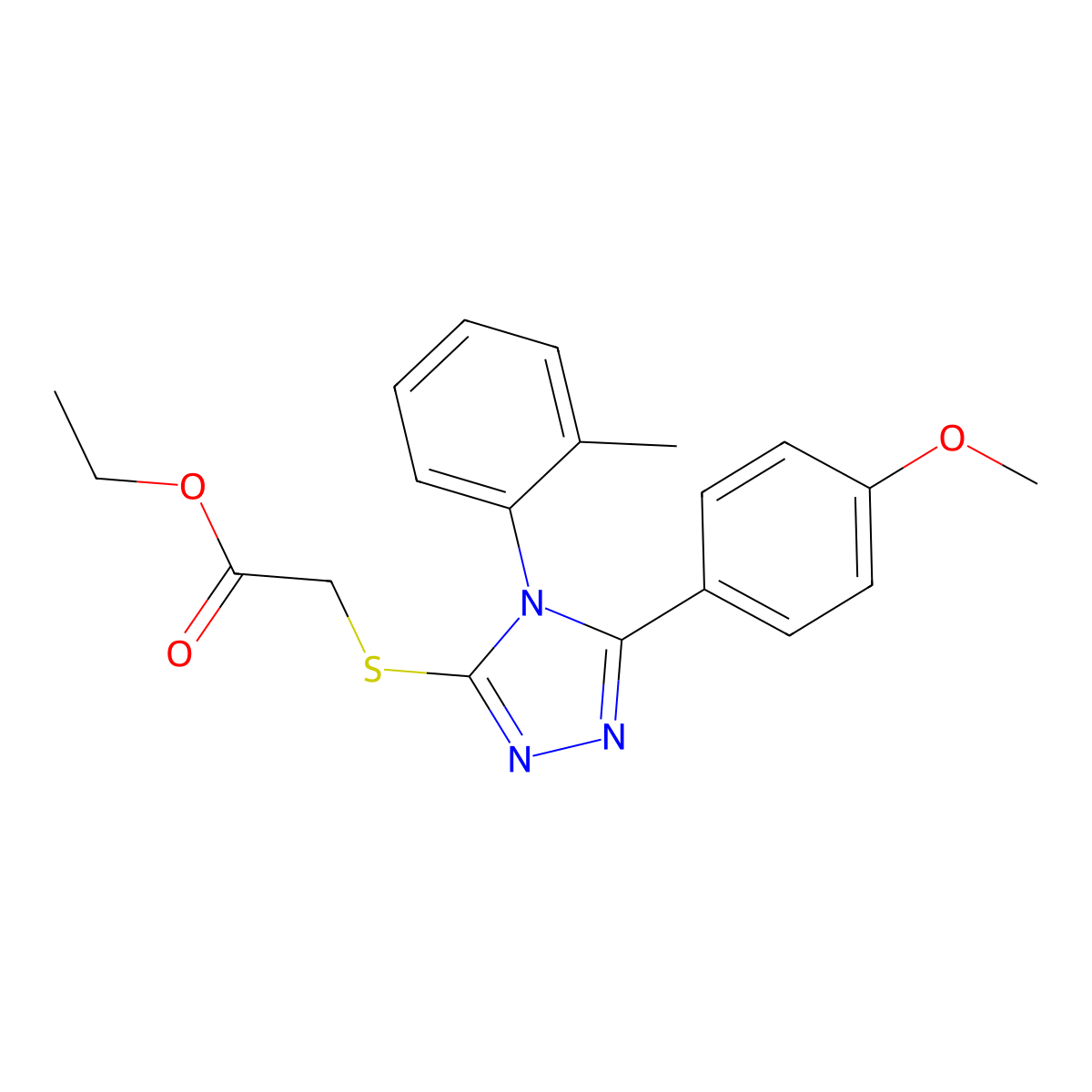 Ethyl 2-[[5-(4-methoxyphenyl)-4-(2-methylphenyl)-1,2,4-triazol-3-yl]sulfanyl]acetate molecular structure, CAS 693236-15-6