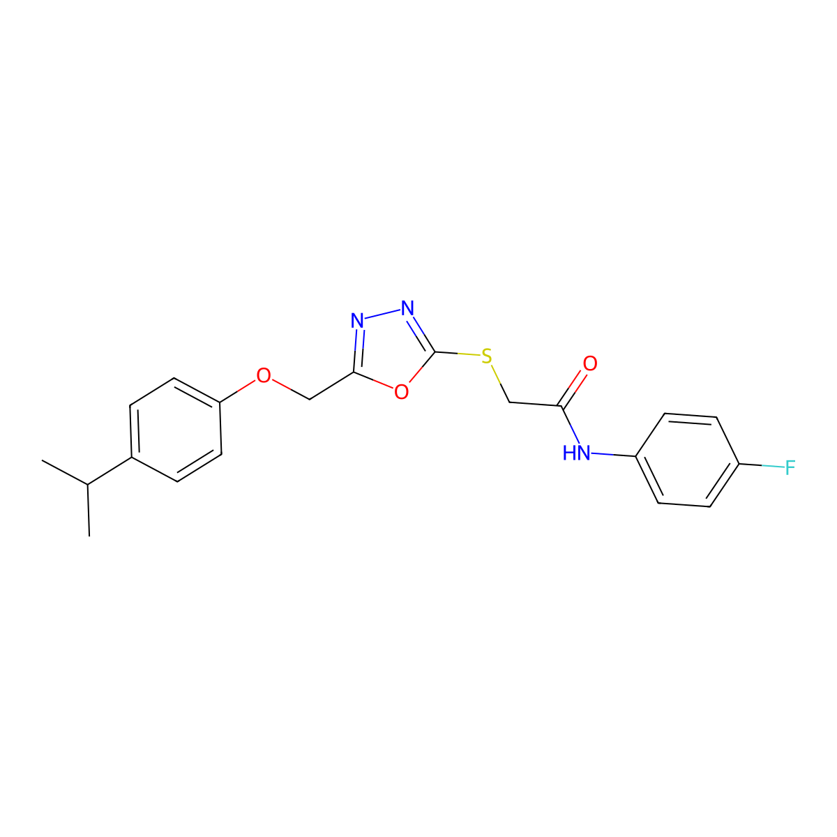 N-(4-fluorophenyl)-2-[[5-[(4-propan-2-ylphenoxy)methyl]-1,3,4-oxadiazol-2-yl]sulfanyl]acetamide molecular structure, CAS 693236-26-9