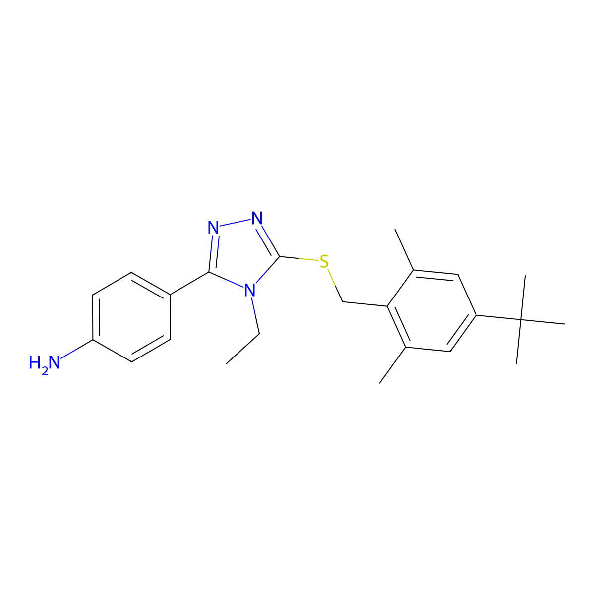 4-[5-[(4-Tert-butyl-2,6-dimethylphenyl)methylsulfanyl]-4-ethyl-1,2,4-triazol-3-yl]aniline molecular structure, CAS 693236-29-2