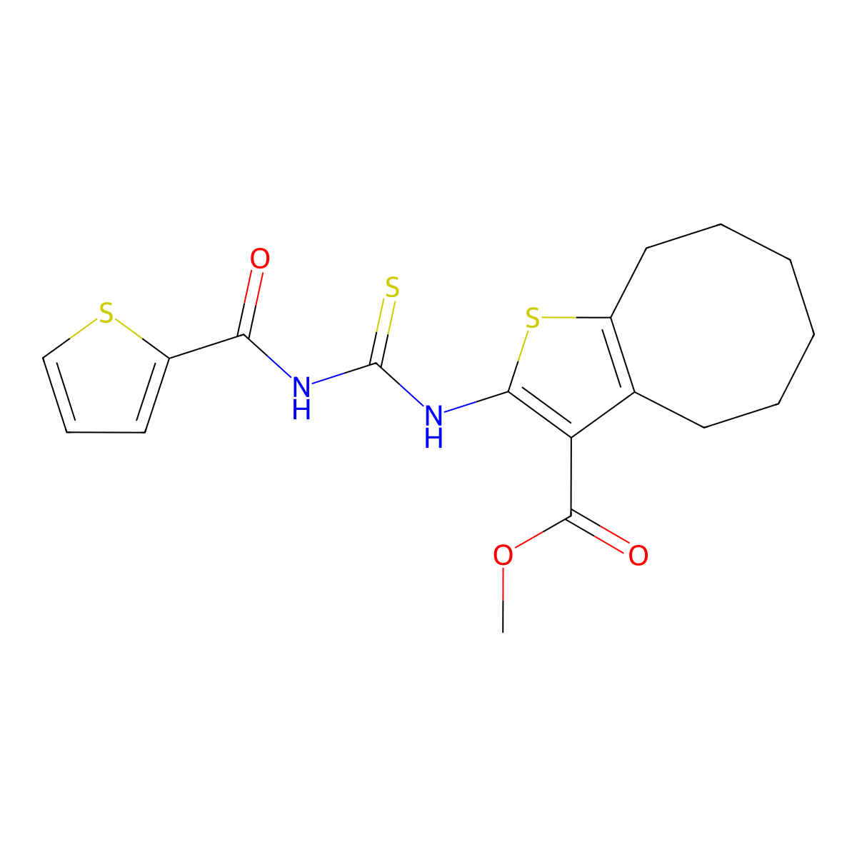Methyl 2-(thiophene-2-carbonylcarbamothioylamino)-4,5,6,7,8,9-hexahydrocycloocta[b]thiophene-3-carboxylate molecular structure, CAS 693236-32-7