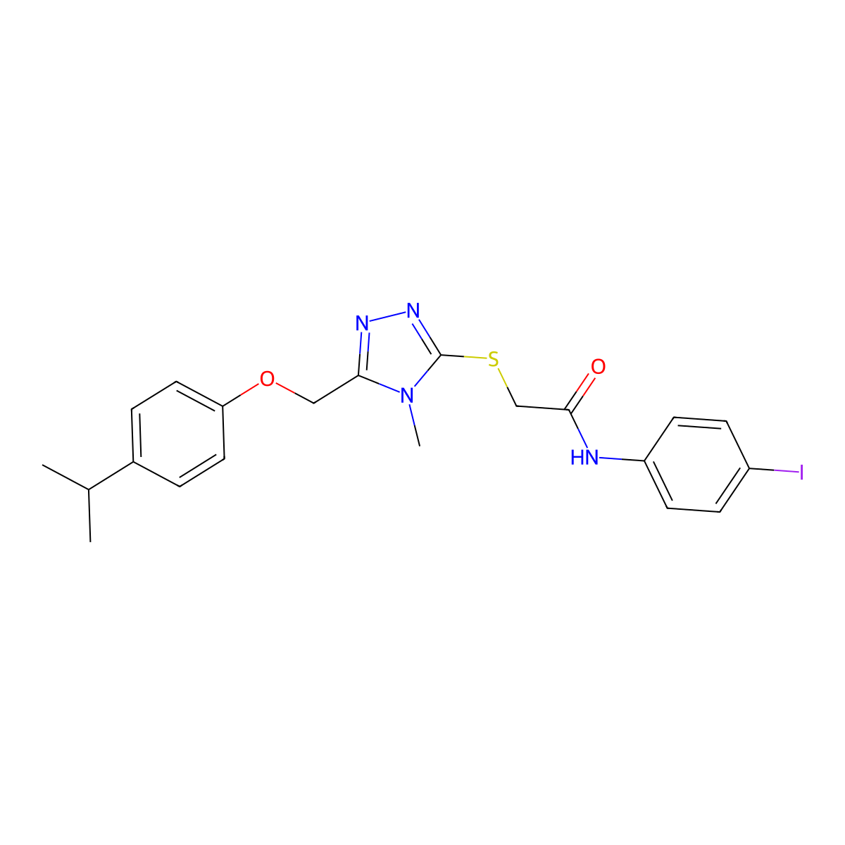 N-(4-iodophenyl)-2-[[4-methyl-5-[(4-propan-2-ylphenoxy)methyl]-1,2,4-triazol-3-yl]sulfanyl]acetamide molecular structure, CAS 693236-44-1
